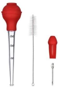 Silicone Cooking Brush Baking Roasting Grilling Baster with Marinade Needles for Turkey, Beef, Pork, Chicken - Red