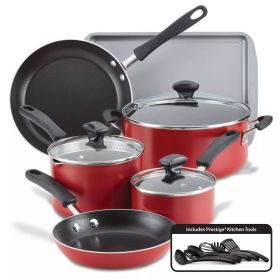 15pc Aluminum Nonstick Cookware Set with Prestige Tools Red - red