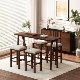 Modern 5-Piece Dining Table Set with Power Outlets,Bar Kitchen Table Set with Upholstered Stools, Easy Assemble, Walnut Table+Beige Stool - as Pic