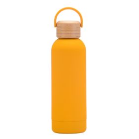 500ml Small Mouth Vacuum Cup Portable Handle Bamboo Wood Cover Water Cup Water Bottle (Option: Khaki-500ml)