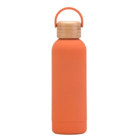 500ml Small Mouth Vacuum Cup Portable Handle Bamboo Wood Cover Water Cup Water Bottle (Option: Cinnabar Orange-500ml)